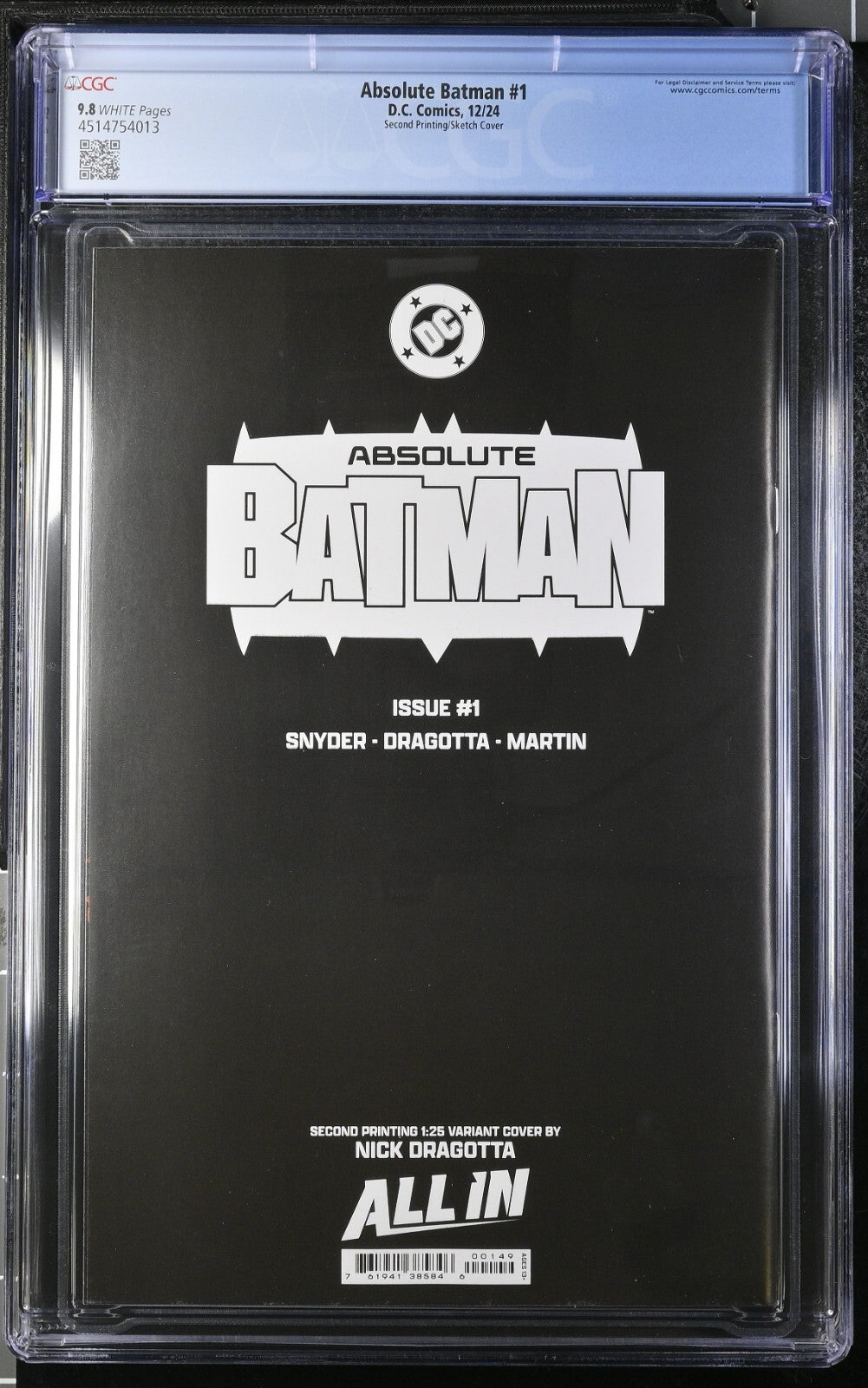 Absolute Batman #1 CGC 9.8 1:25 2nd Print Dragotta Inks Variant DC Comics 2024