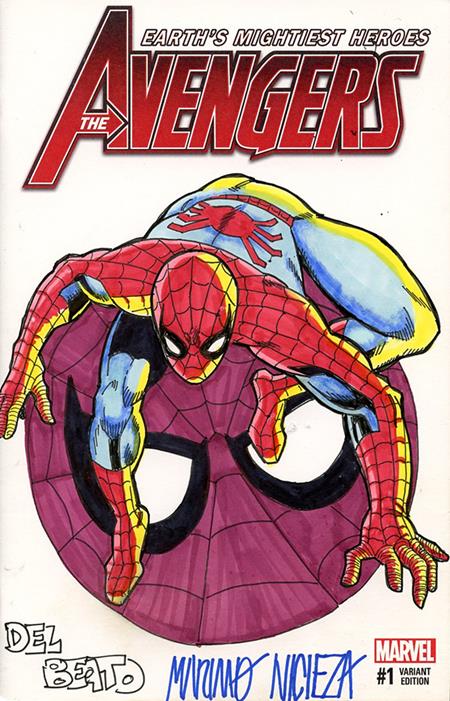 DF MARVEL COMICS COMMISSIONED COVER ART SIGNED AND REMARKED BY MARIANO NICIEZA AND JOE DELBEATO WITH A SPIDER-MAN SKETCH