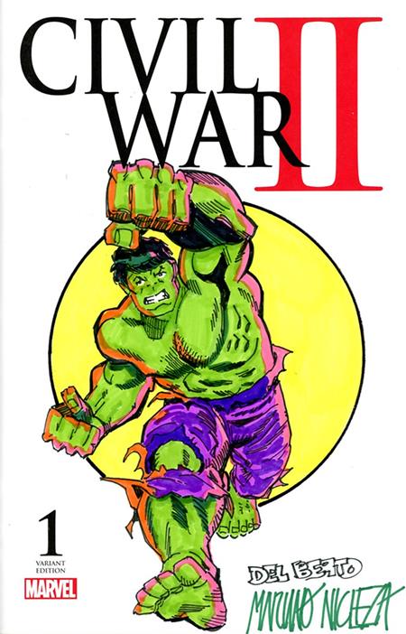 DF MARVEL COMICS COMMISSIONED COVER ART SIGNED AND REMARKED BY MARIANO NICIEZA AND JOE DELBEATO WITH A HULK SKETCH
