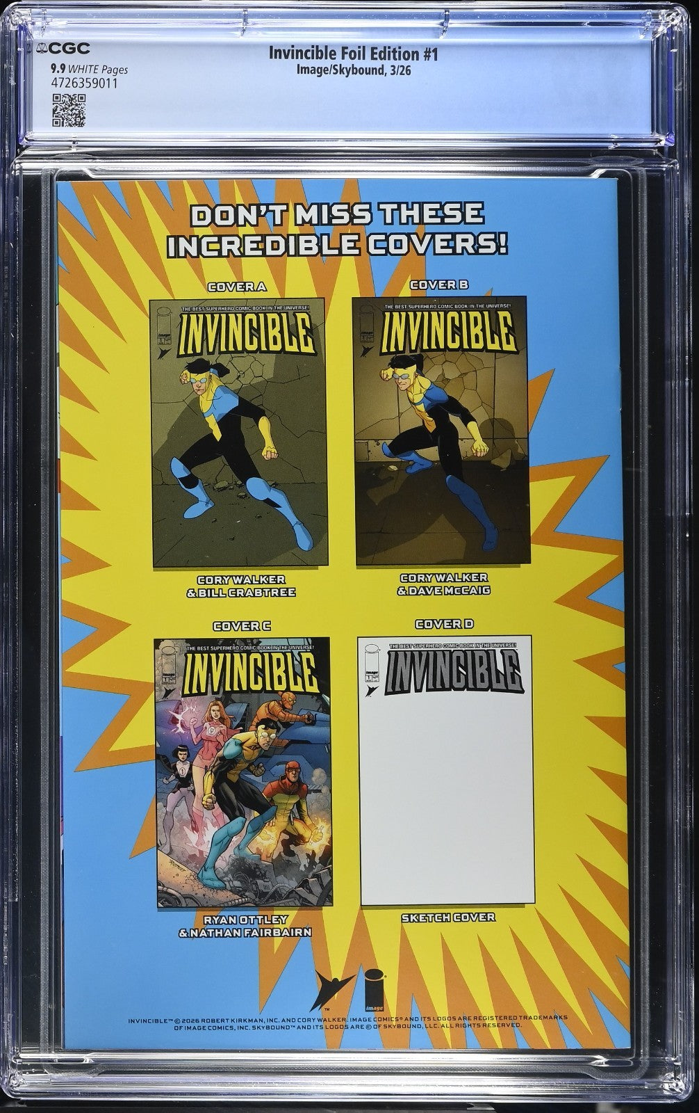 Invincible Foil Edition Reprint #1 CGC 9.9 Cover A Foil Crabtree 2026 not 9.8