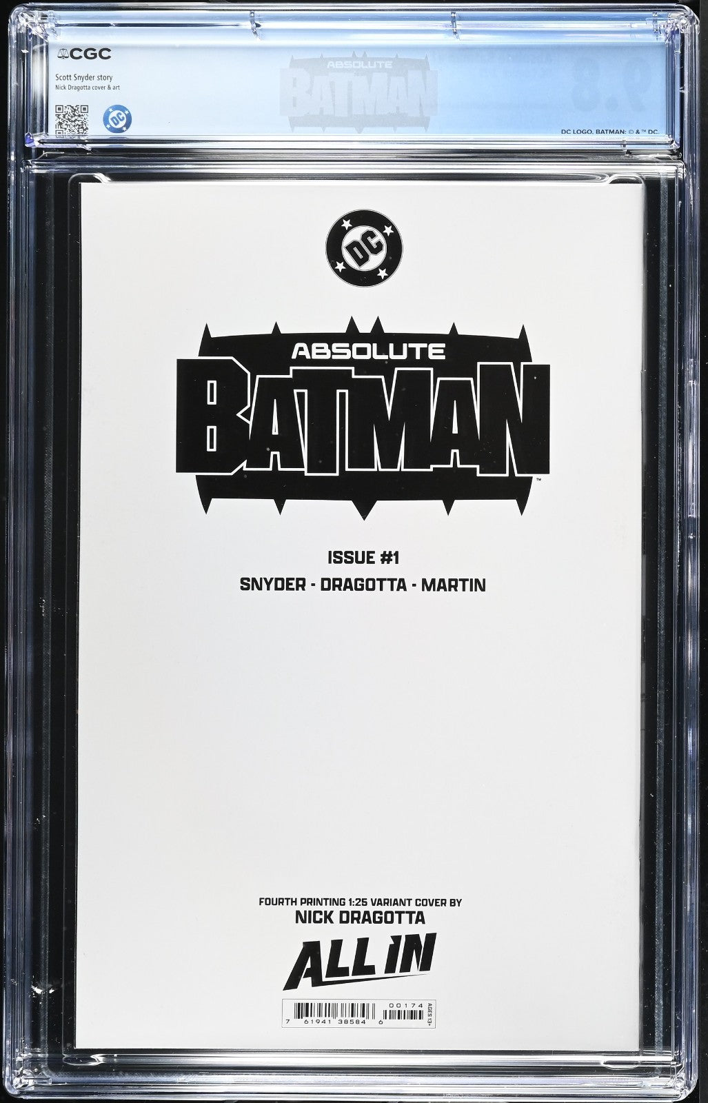 Absolute Batman #1 CGC 9.8 1:25 4th Print Dragotta Sketch Variant Custom Label