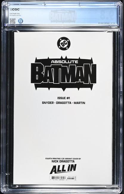 Absolute Batman #1 CGC 9.8 1:25 4th Print Dragotta Sketch Variant Custom Label