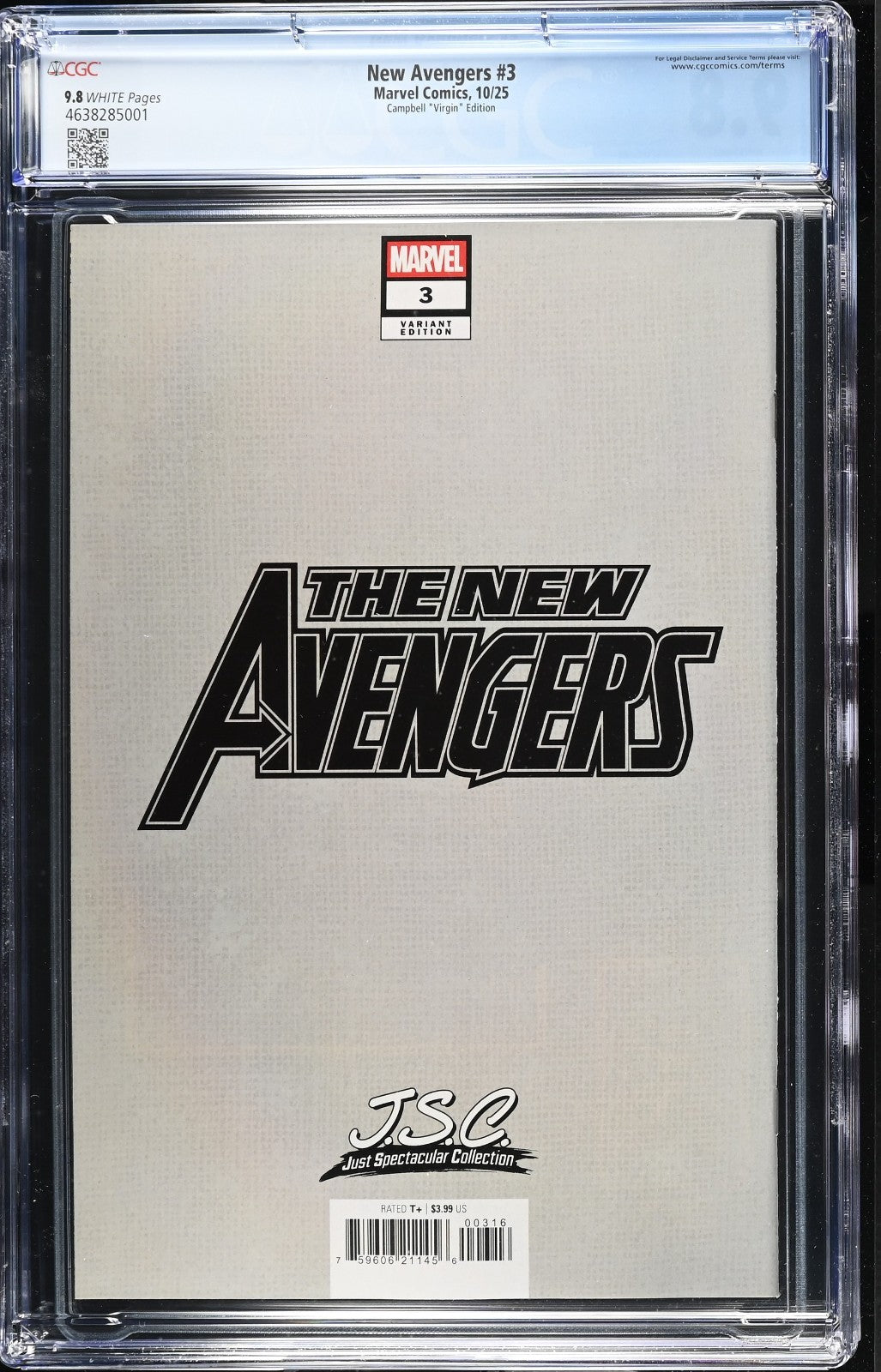 New Avengers #3 CGC 9.8 1:100 Campbell VIRGIN Spectacular Variant 2025