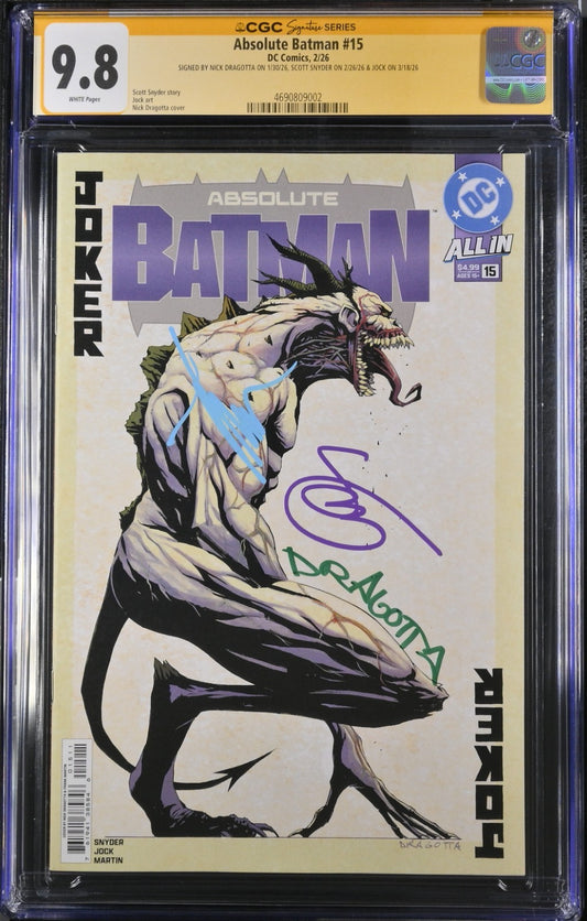 Absolute Batman #15 CGC SS 9.8 Tripled SIGNED By Snyder Dragotta and Jock DC