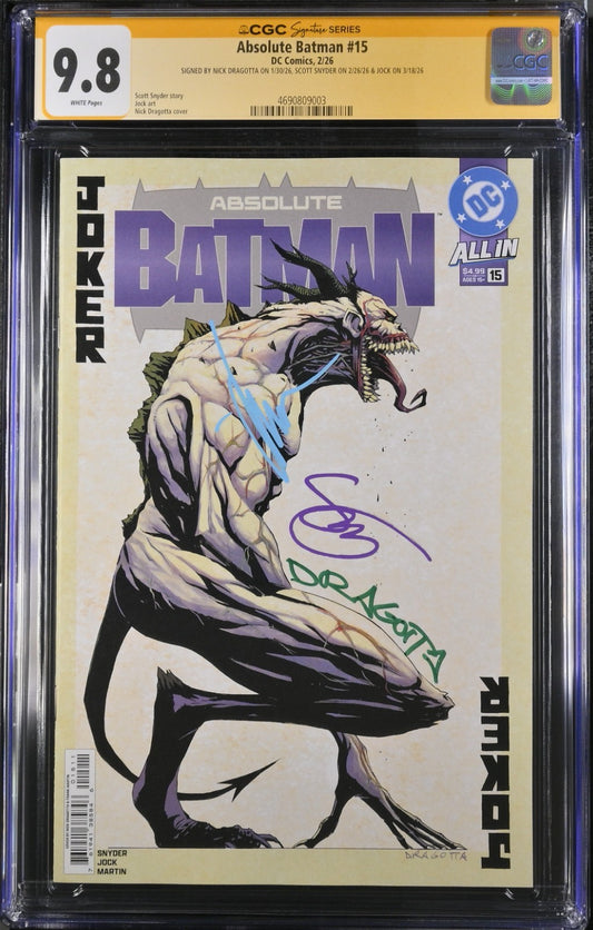 Absolute Batman #15 CGC SS 9.8 Tripled SIGNED By Snyder Dragotta and Jock DC