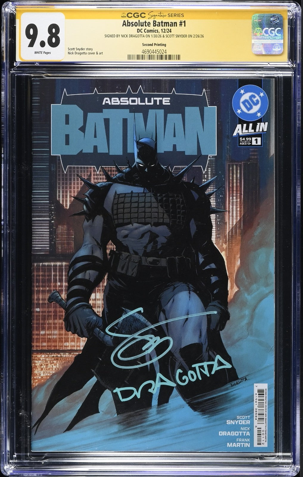 Absolute Batman #1 CGC 9.8 SS Signed by Dragotta & Snyder 2nd Print Cover A 2024