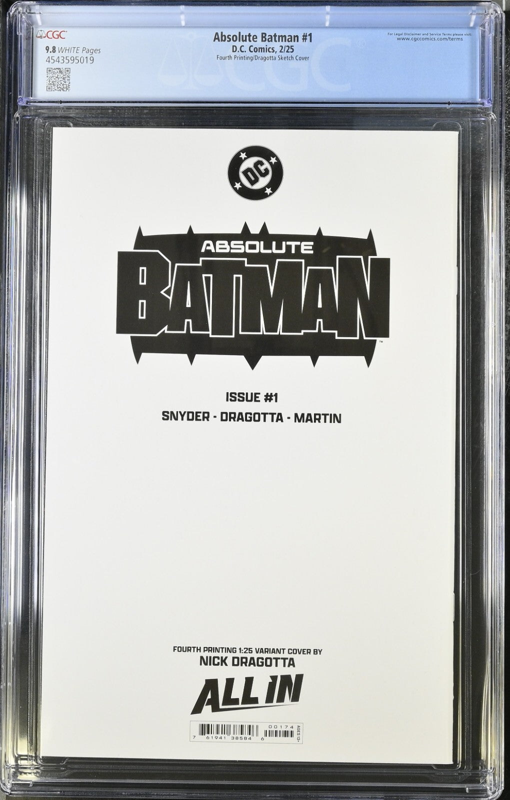 Absolute Batman #1 CGC 9.8 1:25 4th Print Dragotta Inks Variant DC Comics 2024