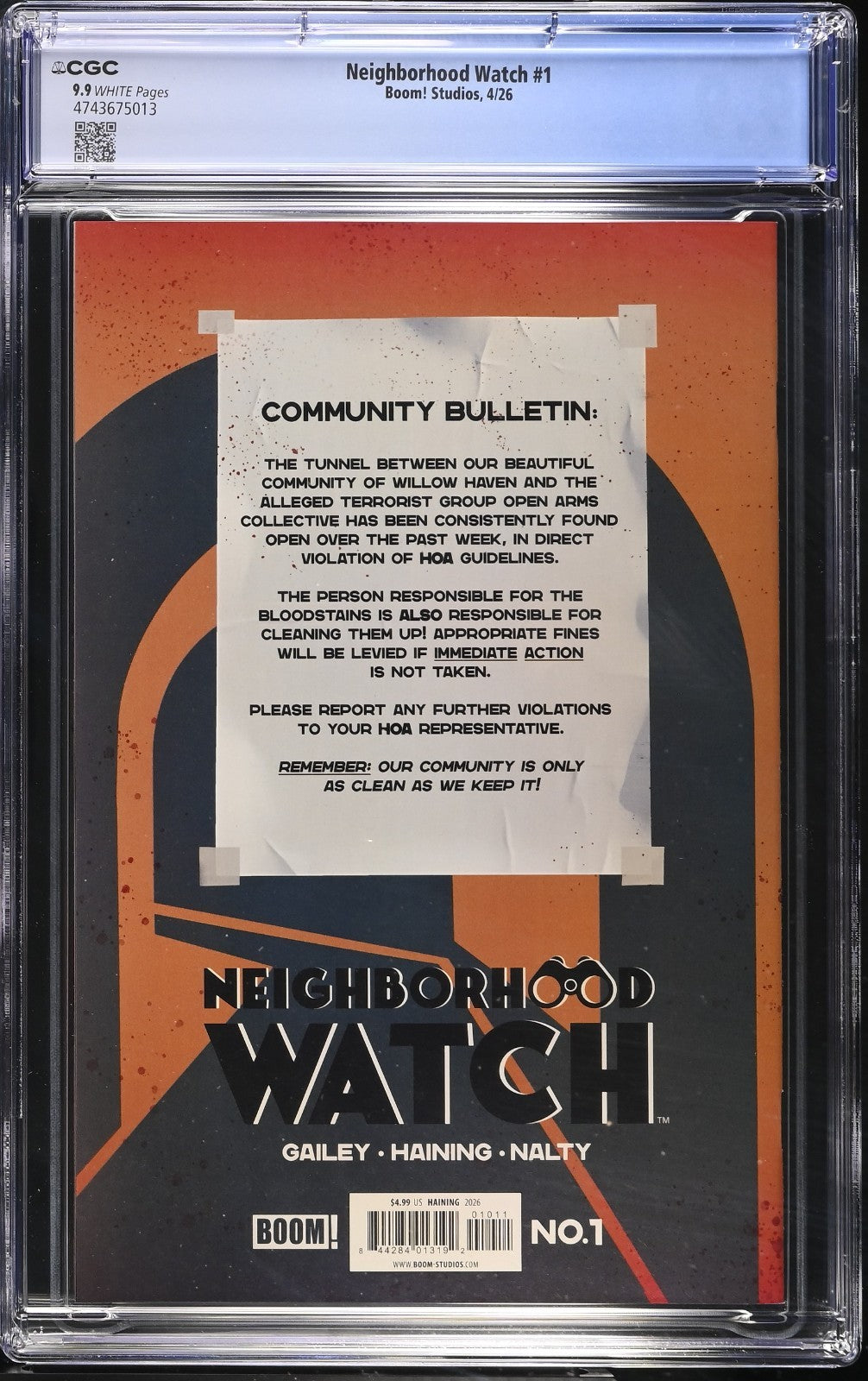 Neighborhood Watch #1 CGC 9.9 Haining Cover A 1st Print Boom! Not 9.8 Top Pop
